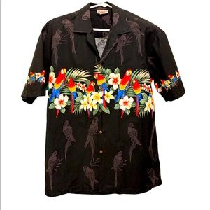 Hawaiian Aloha Shirt Men's Size Large Parrots Black Cotton Pacific Legend 1980